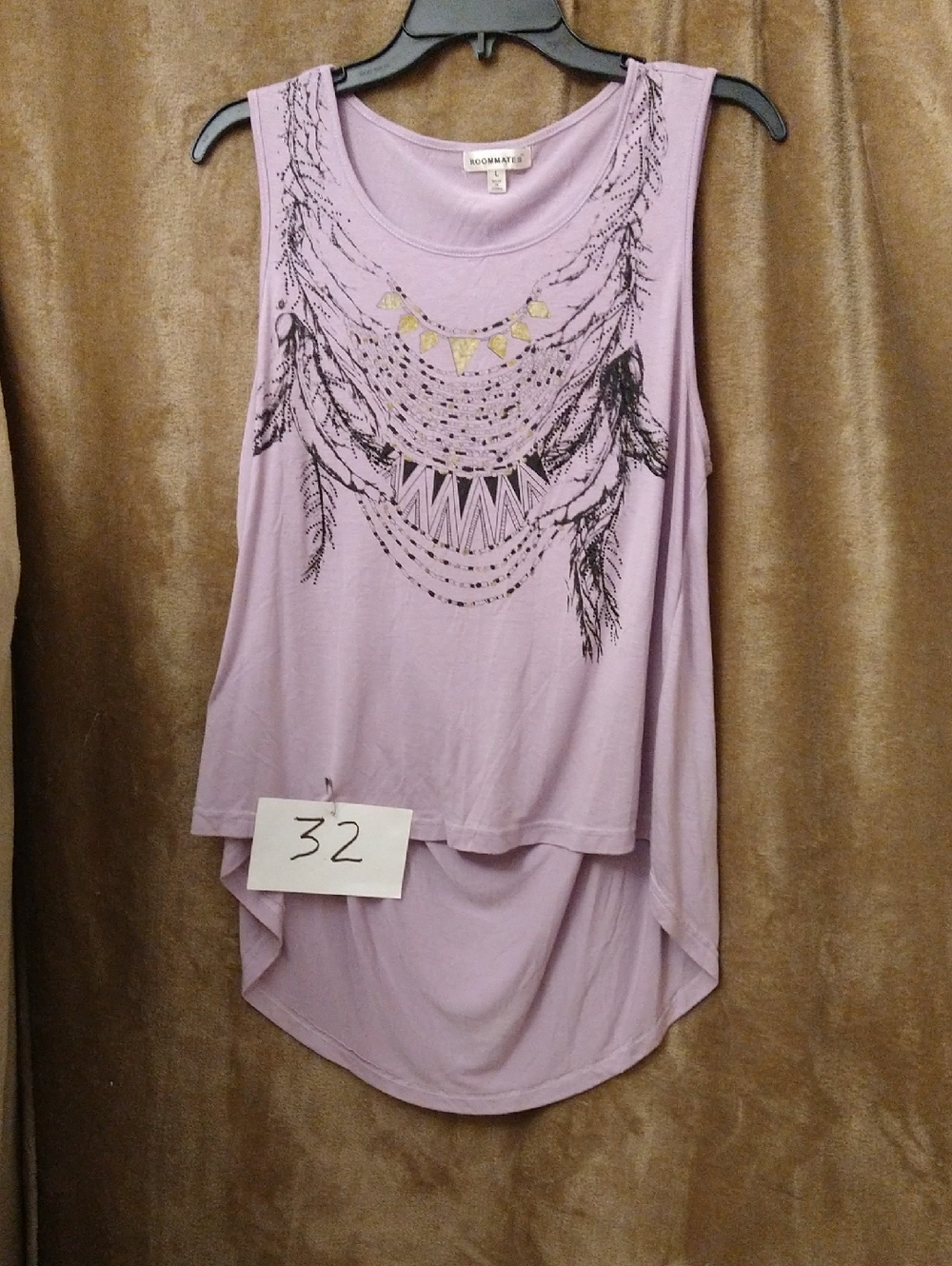 Lavender Layered Tank Top with Feather Print, Size Large